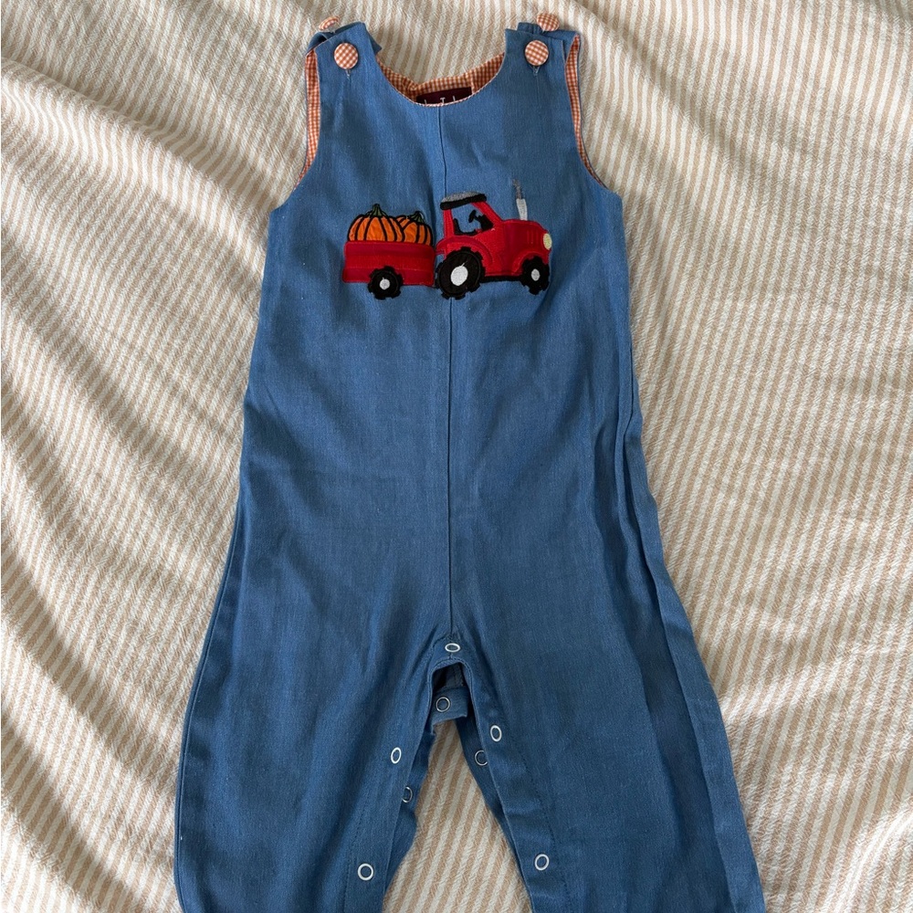 Lil cactus Blue Corduroy Kids Overalls with Red Truck & Orange Pumpkin Appliqué